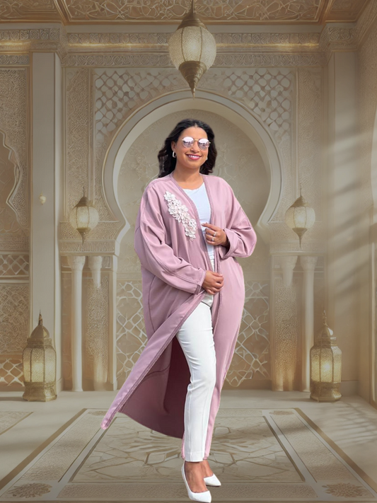 Soft Pink Moroccan Caftan – Minimalist Open-Front Design for Women