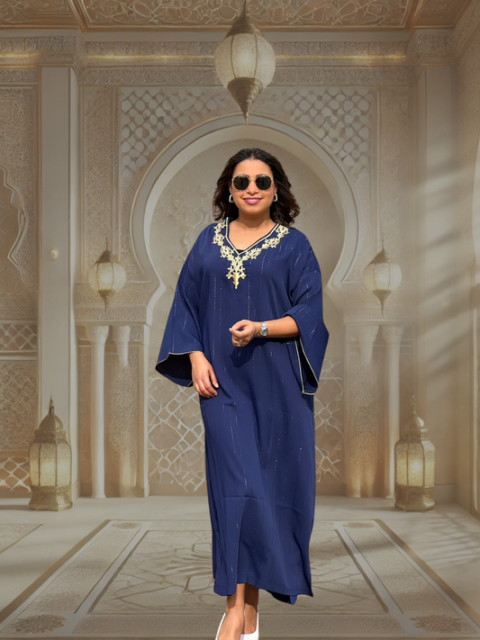 Navy Blue Gandoura with Golden Embroidery