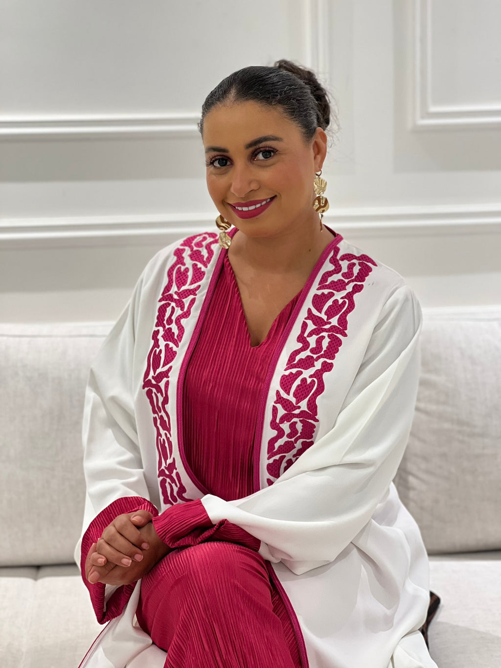 Ensemble 3 pièces Élégance Marocaine – Blanc & Fuchsia