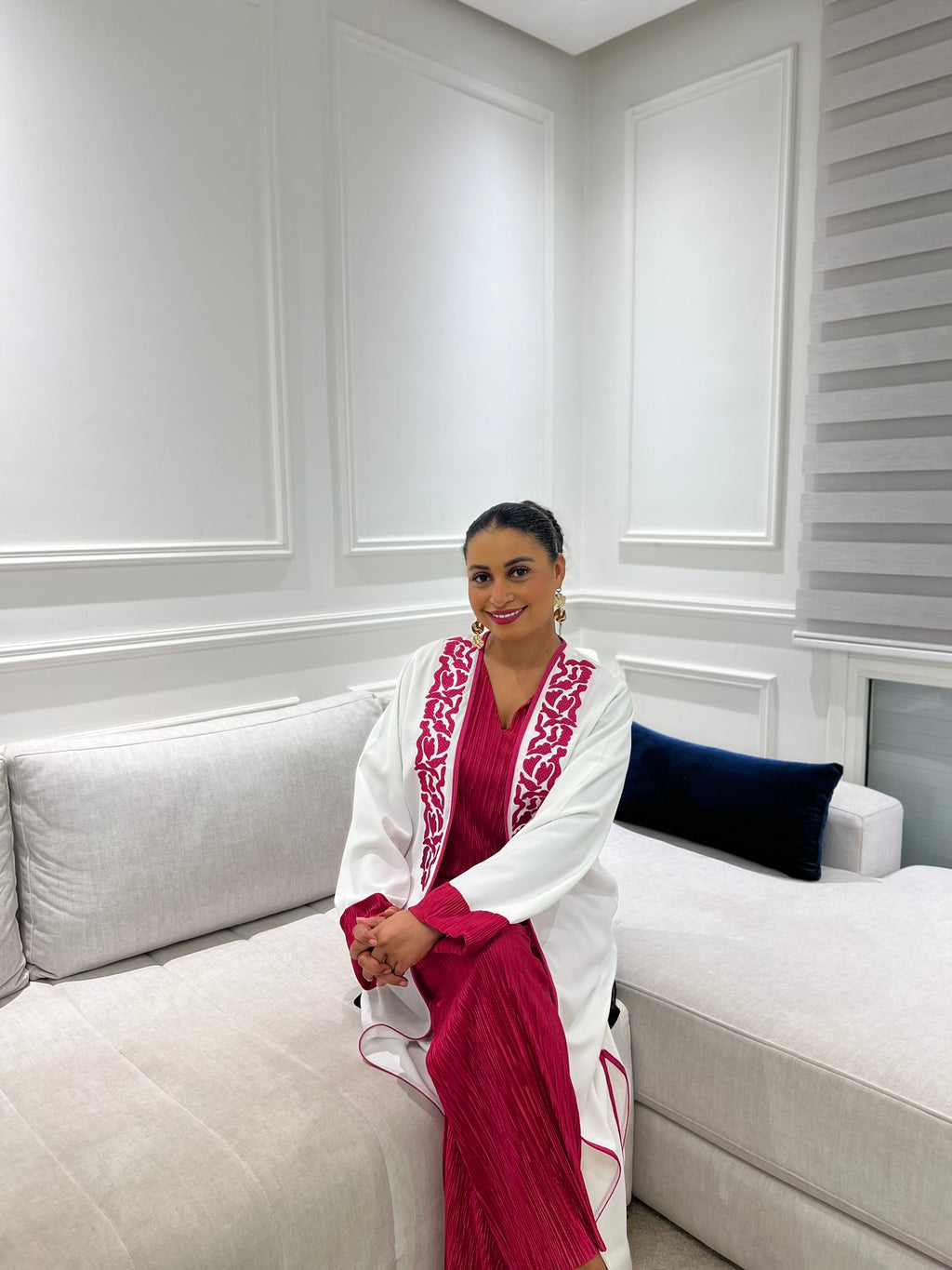 Ensemble 3 pièces Élégance Marocaine – Blanc & Fuchsia