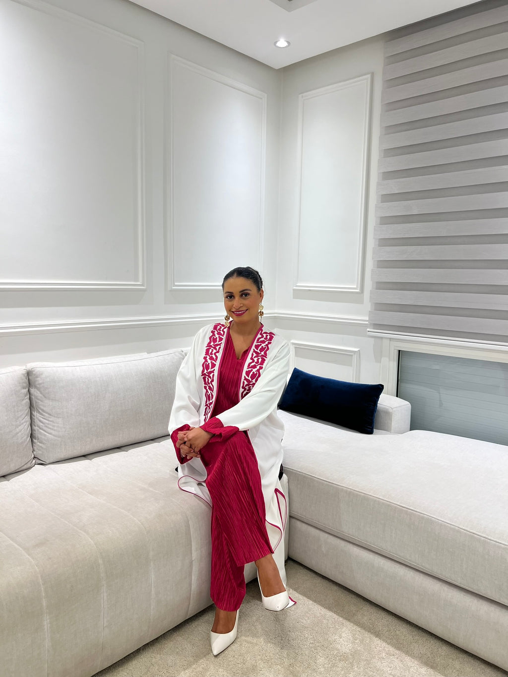 Ensemble 3 pièces Élégance Marocaine – Blanc & Fuchsia