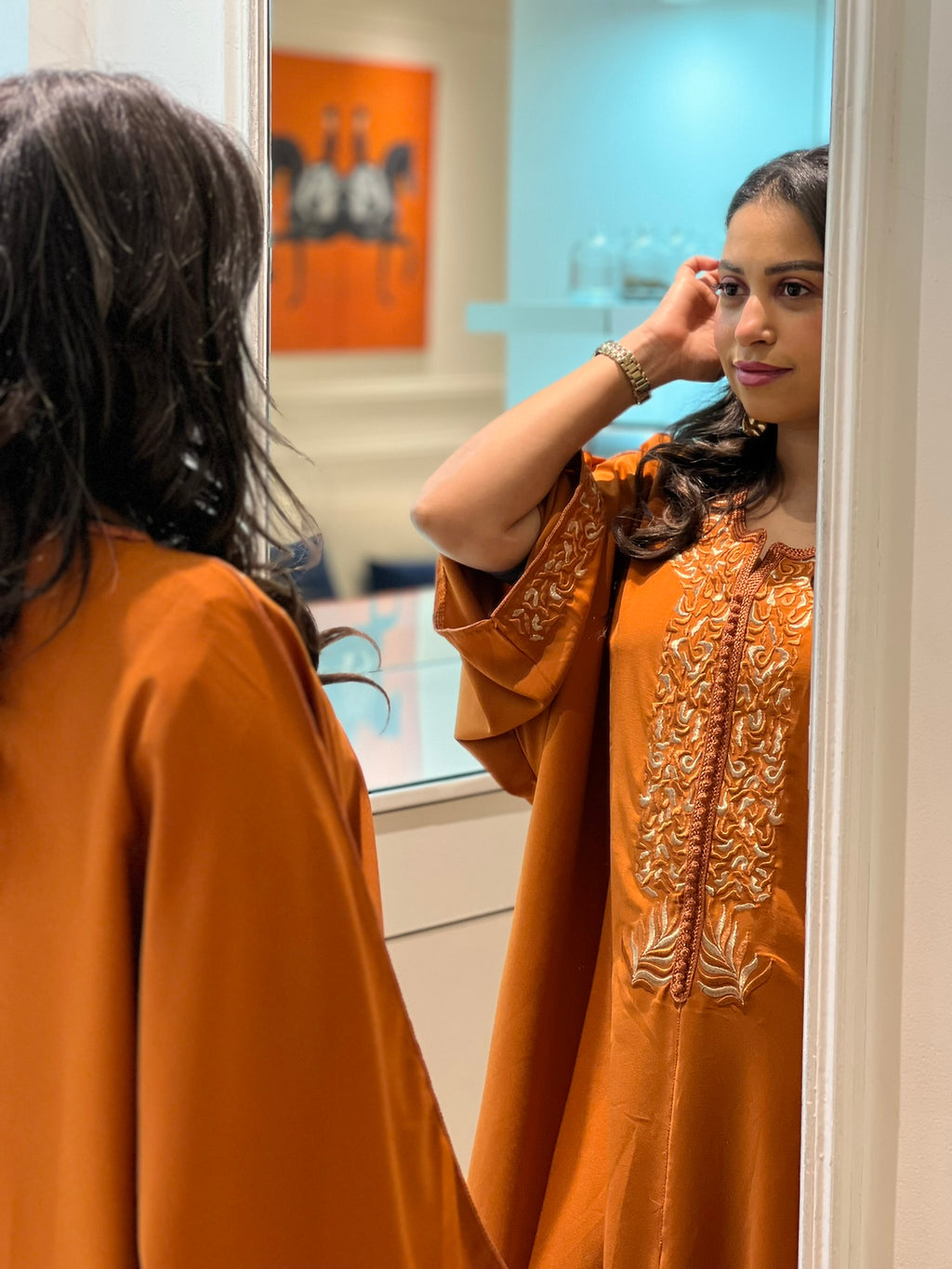 Gandoura Marocaine Élégante – Couleur Terracotta & Broderies Fines